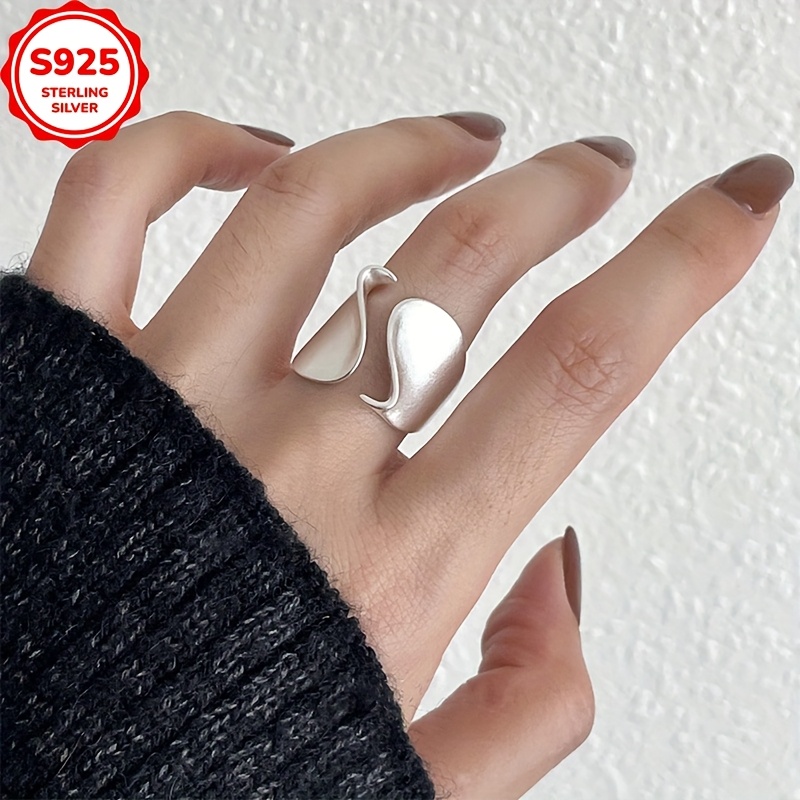 925 Silver Geometric Cuff Ring Wide Band Split Light for Women